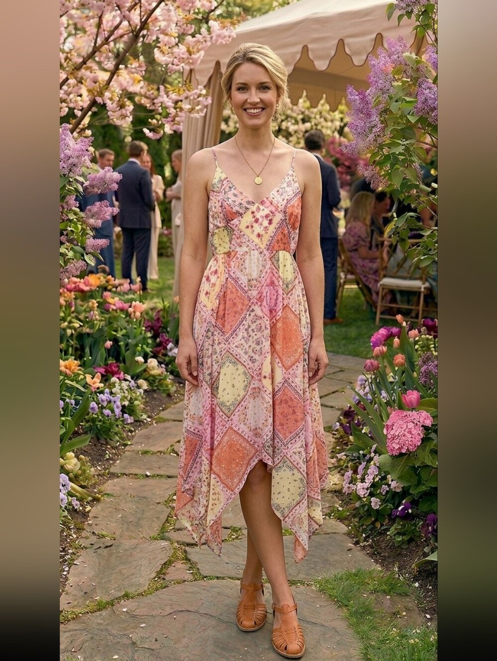 Almost Famous Floral Patchwork Handkerchief Dress M Boho Smocked V-Neck Sundress